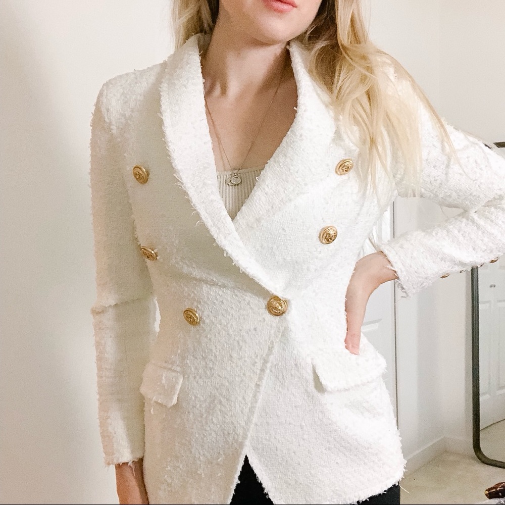 Crisp White Double-Breasted Bouclé Blazer with Gold Buttons